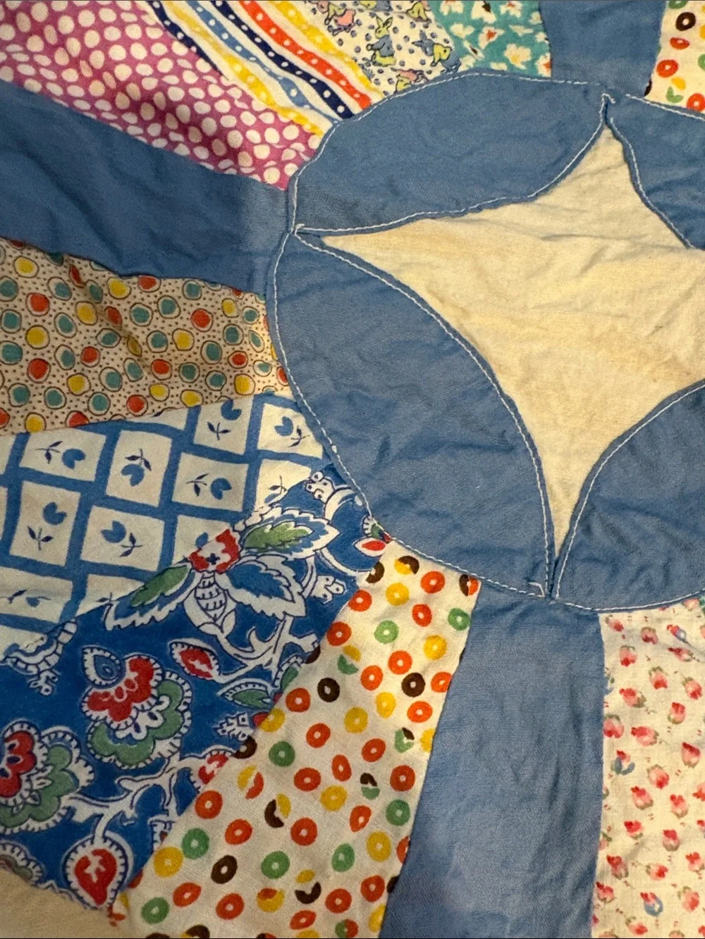Handmade White and Blue Patchwork Quilt